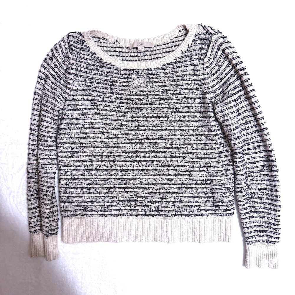 Loft Sweater Striped Textured Knit‎ Medium Cream Black Womens Pullover Casual
